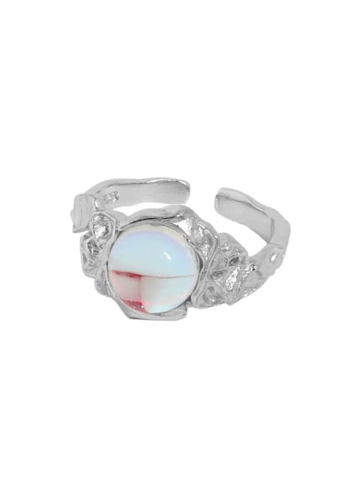White gold [No. 13 adjustable] 925 Sterling Silver Geometric Vintage Moonstone Band Ring